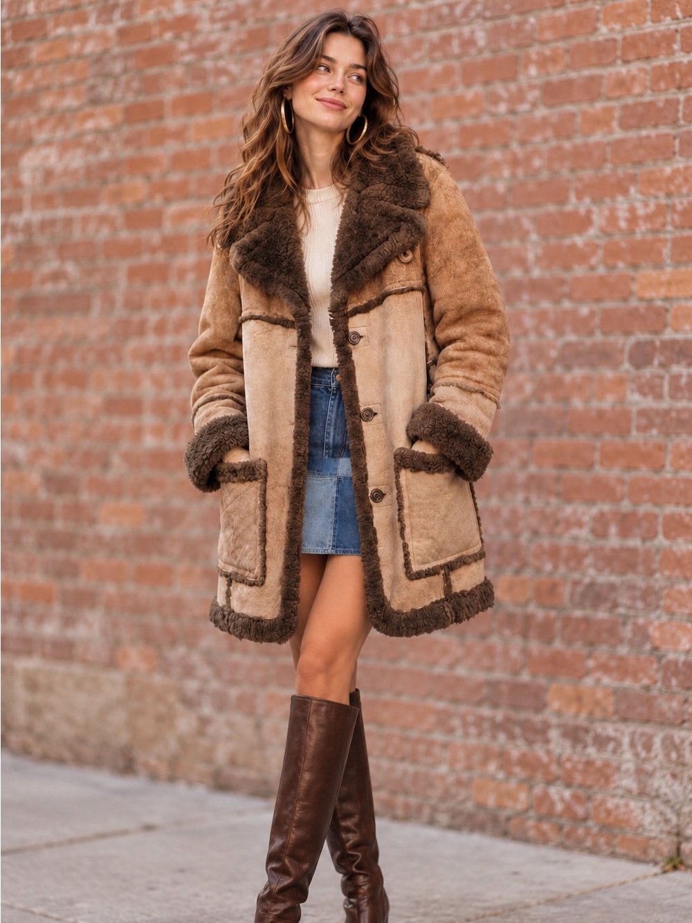 Vintage 70s Boho  Retro Penny Lane Genuine Shearling Sheepskin Trench Coat Brown